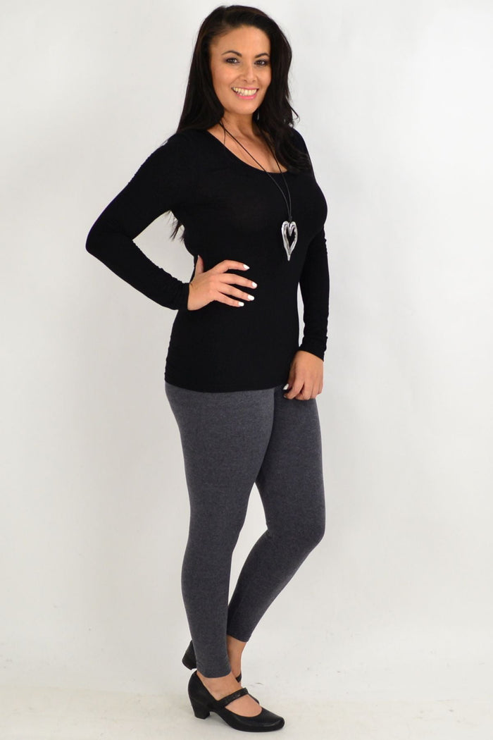 Grey long winter weight cotton leggings by Whispers, showing thick, cozy fabric and comfortable fit for cold weather.