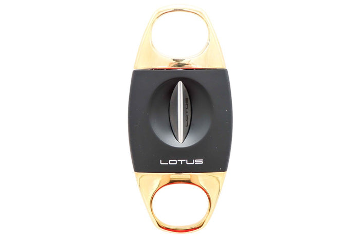 Lotus Anodized Black and Polished Gold Jaws Serrated Blade 64 Ring Gauge V-Cut Cigar Cutter - 24-CV04