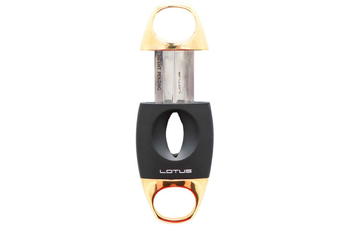 Lotus Anodized Black and Polished Gold Jaws Serrated Blade 64 Ring Gauge V-Cut Cigar Cutter - 24-CV04