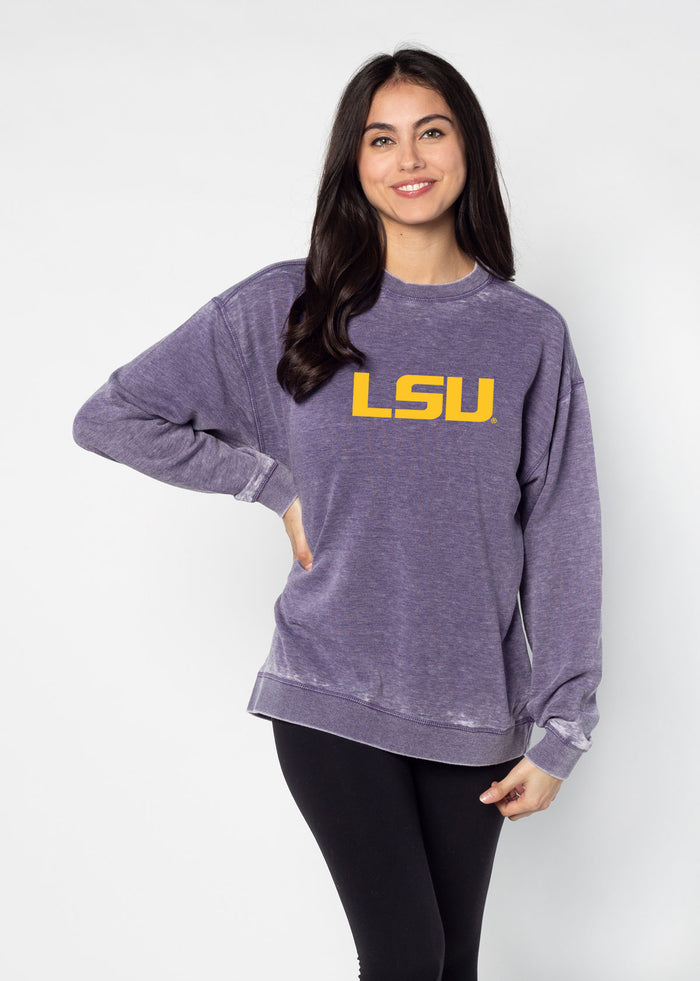 LSU Tigers Unisex Grape Oversized Burnout fleece Sweatshirt with Ribbed crew neckline, cuffs, hem, dropped shoulders and relaxed bottom hem