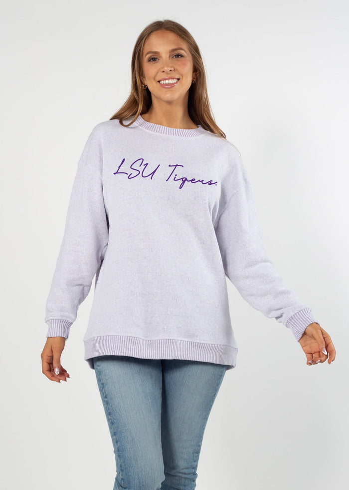LSU Tigers Women's Grape Relaxed, straight Yarn-dyed brushed fleece Sweatshirt with the look of sweater, the touch of a blanket, crew neckline and ribbed neck, cuffs and hem