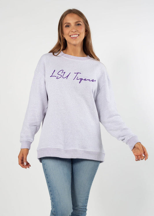 LSU Tigers Women's Grape Relaxed, straight Yarn-dyed brushed fleece Sweatshirt with the look of sweater, the touch of a blanket, crew neckline and ribbed neck, cuffs and hem