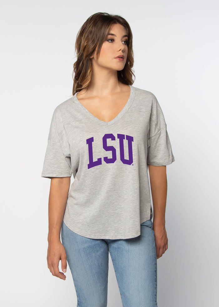 LSU Tigers Women's Heather-Grey Relaxed Melange light-weight cotton-poly  with Semi-rounded v-neck, drop shoulders, elbow length sleeves and shirttail hem with side slits.