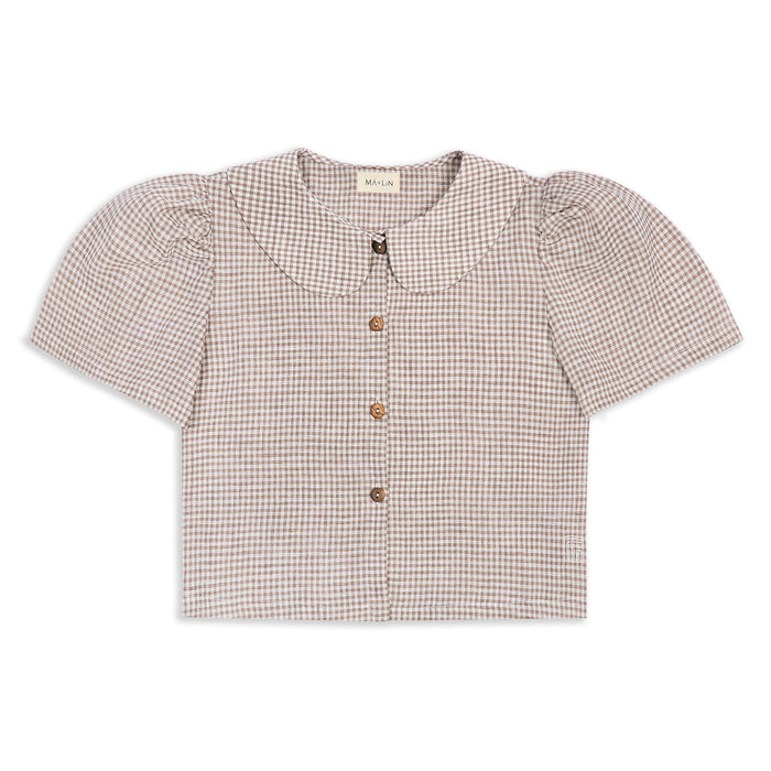 Má + Lin Frances Linen Cropped Blouse  - Fawn Gingham