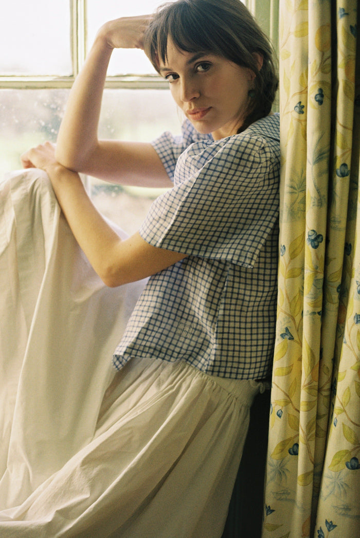 Má + Lin Frances Linen Cropped Blouse - Royal Blue Gingham