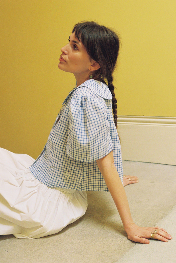 Má + Lin Frances Linen Cropped Blouse - Royal Blue Gingham