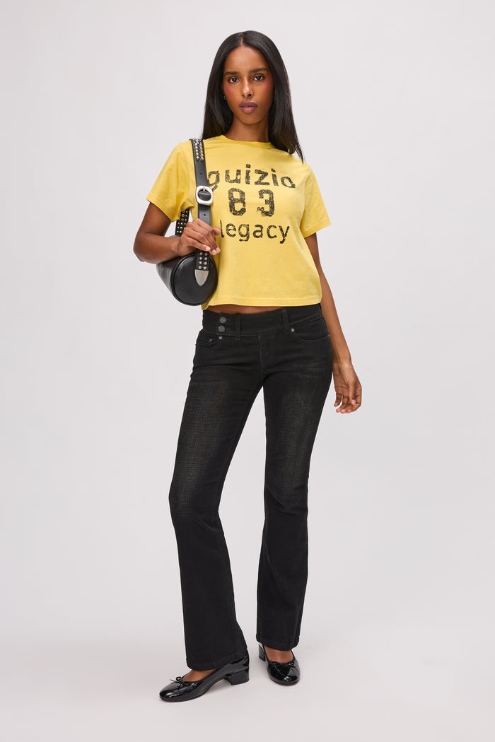 Malia Low Rise Belted Flare Denim in Washed Black