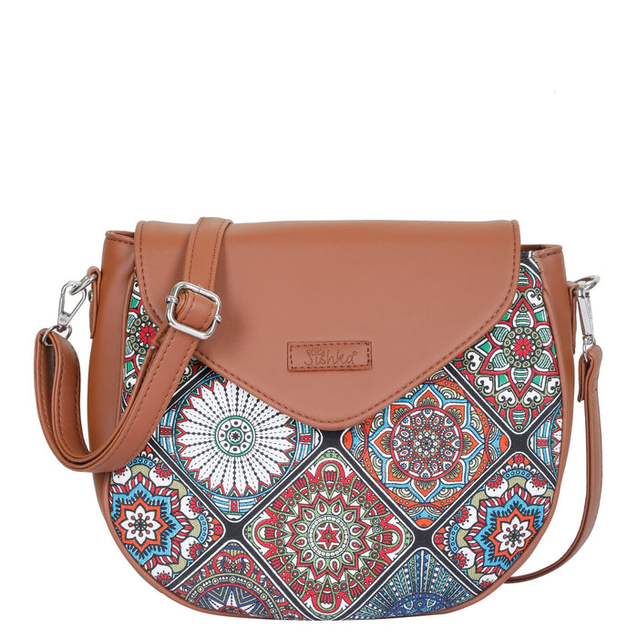 Multicolour printed canvas shoulder‑sling bag with tall soft silhouette for everyday and travel use