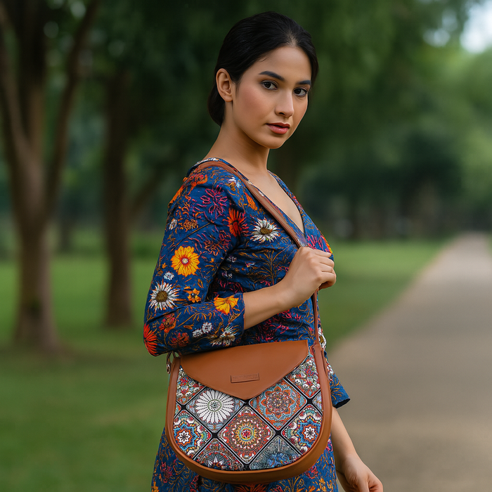 Multicolour printed canvas shoulder‑sling bag with tall soft silhouette for everyday and travel use-model image