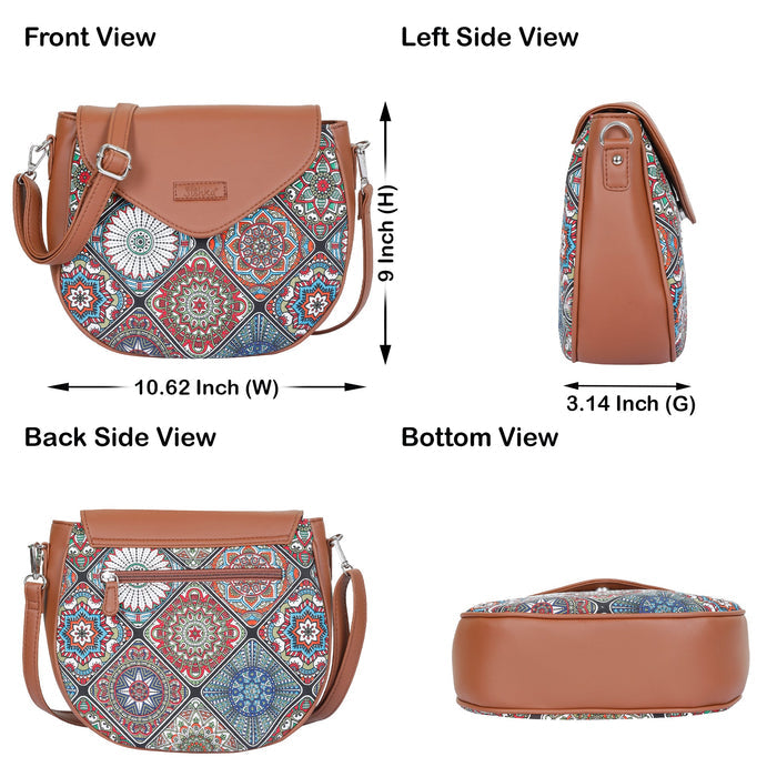 Multicolour printed canvas shoulder‑sling bag with tall soft silhouette for everyday and travel use-infographic image