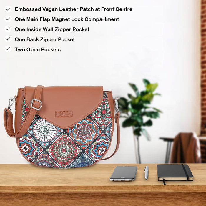 Multicolour printed canvas shoulder‑sling bag with tall soft silhouette for everyday and travel use-feature view