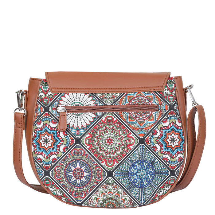 Multicolour printed canvas shoulder‑sling bag with tall soft silhouette for everyday and travel use-back view