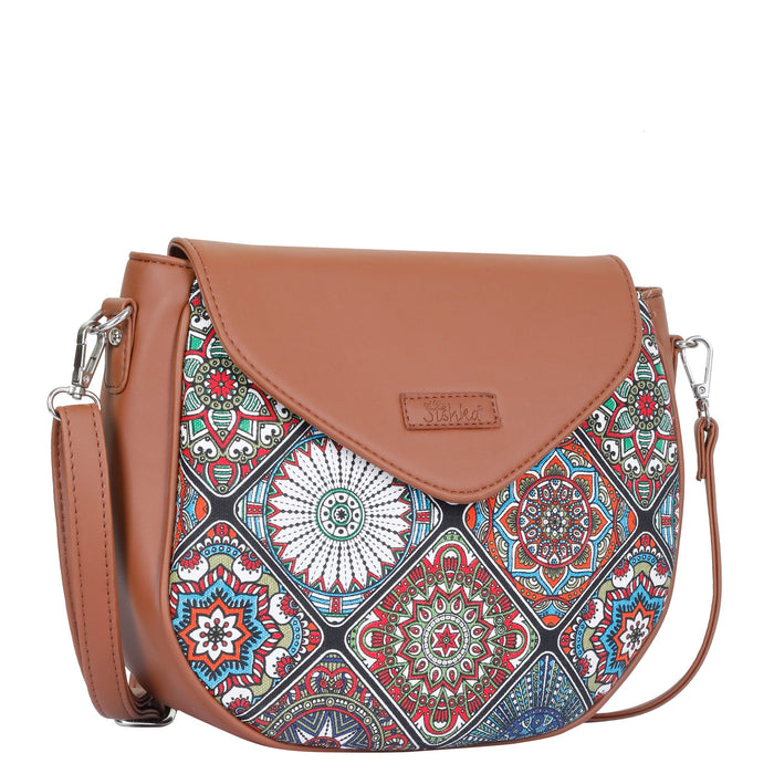Multicolour printed canvas shoulder‑sling bag with tall soft silhouette for everyday and travel use-half side view