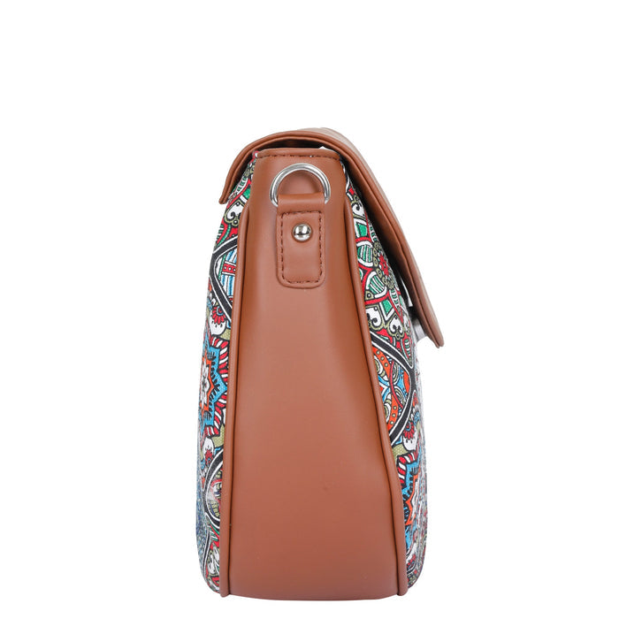 Multicolour printed canvas shoulder‑sling bag with tall soft silhouette for everyday and travel use-side view
