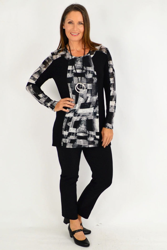 Cordelia St Maria Silver Black tunic top, long black and grey tunic dress with relaxed fit and simple neckline.