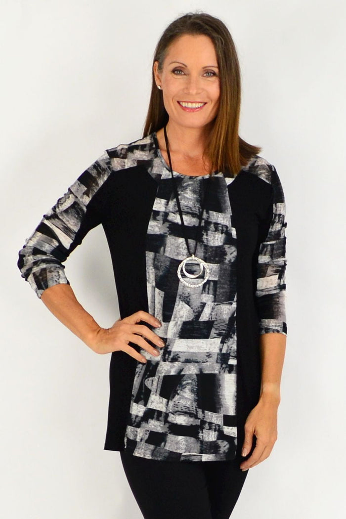 Maria Silver Black Tunic Top by Cordelia St, long black and grey tunic dress with a relaxed fit and soft fabric.