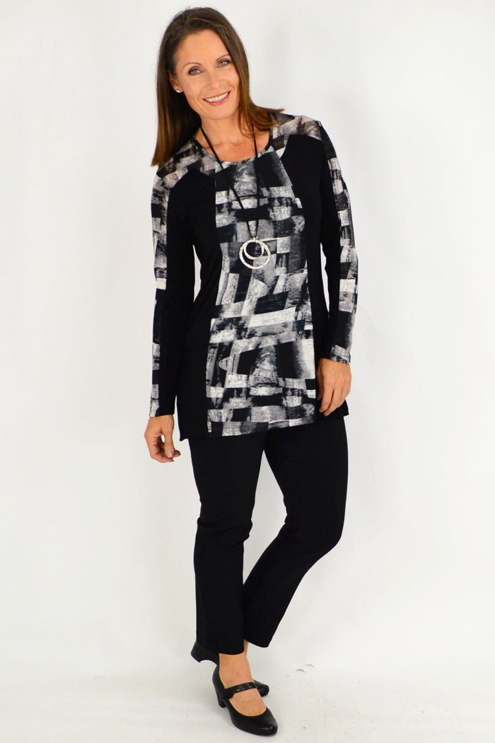 Maria Silver Black tunic top by Cordelia St, long black and grey tunic with a relaxed fit and stylish design.
