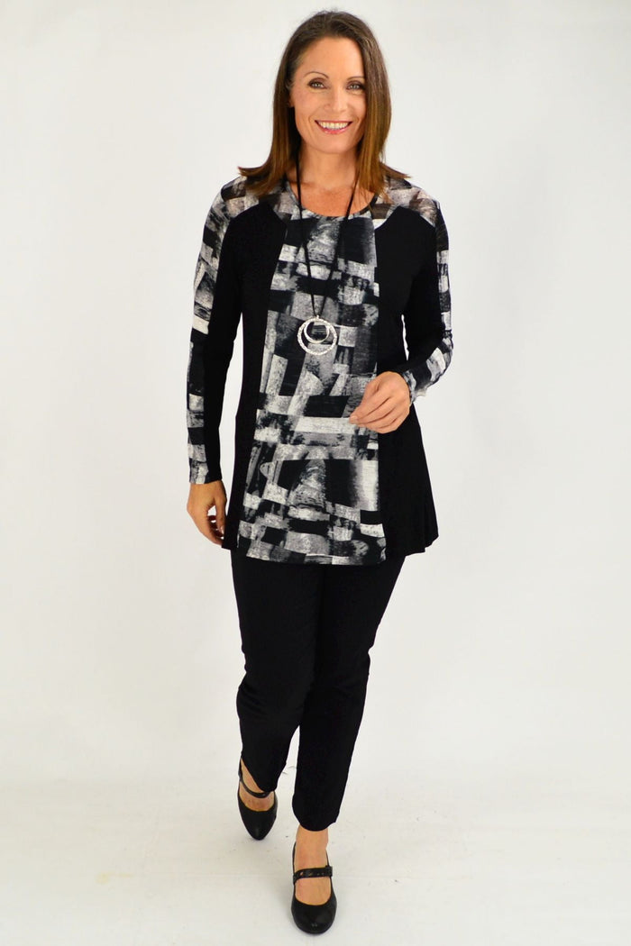 Maria Silver Black tunic top by Cordelia St, featuring long black and grey fabric with a relaxed fit and stylish design.