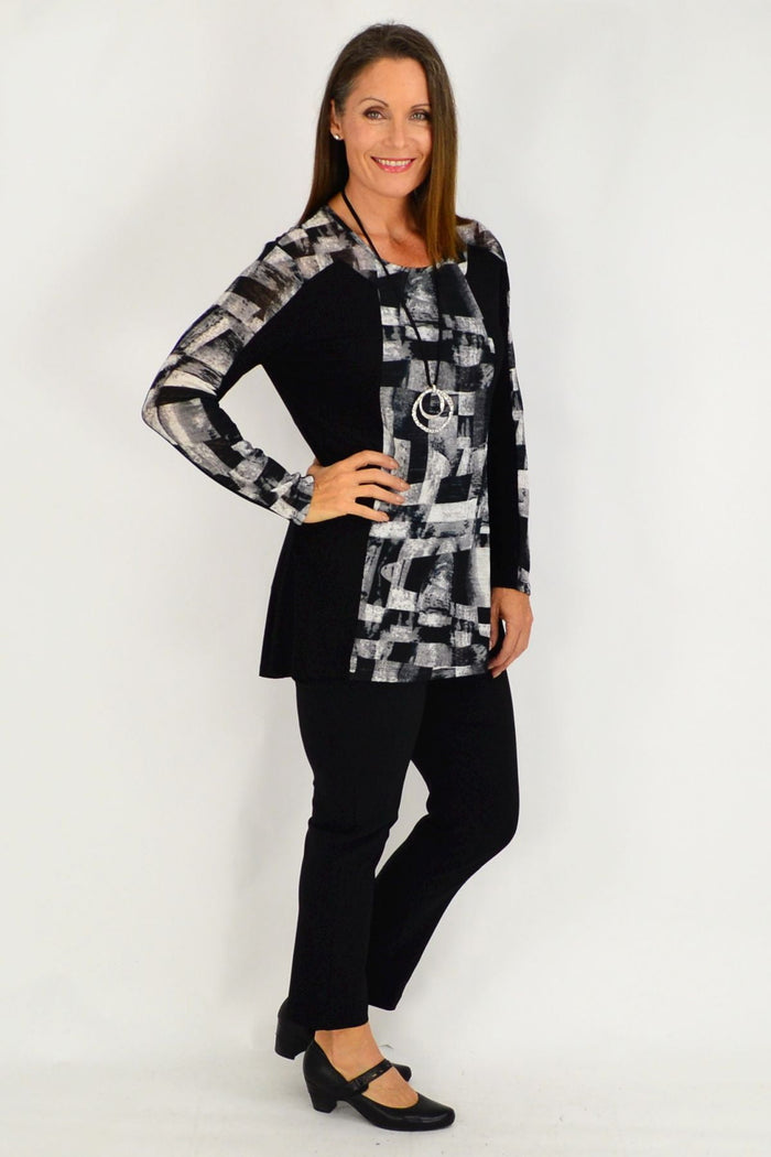 Maria Silver Black Cordelia St tunic top in long black and grey fabric, featuring a relaxed fit and stylish design.