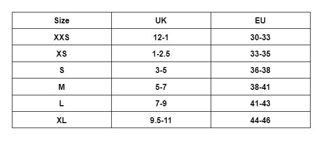 Maru Training Fins size chart for UK and EU clothing sizes