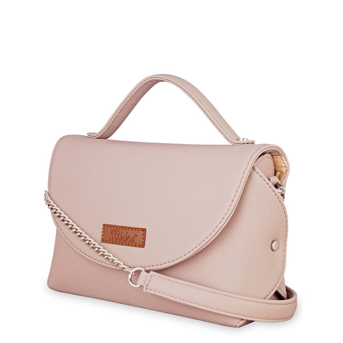 Women’s mauve vegan leather top handle crossbody sling shoulder bag-half side view