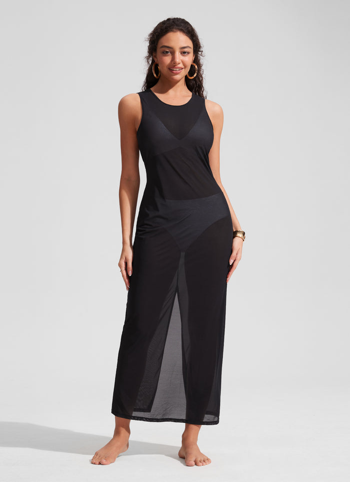 CRZ YOGA Women Mesh Midi Sleeveless Swimsuit Coverup with Back Slit Black