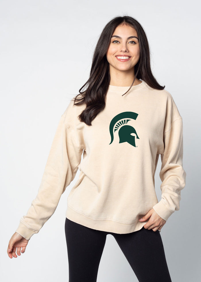 Michigan State Spartans Unisex Oatmeal Oversized Burnout fleece Sweatshirt with Ribbed crew neckline, cuffs, hem, dropped shoulders and relaxed bottom hem