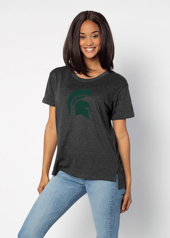 Michigan State Spartans Women's Black Relaxed Melange light-weight cotton-poly  with Ribbed scoop neck, short rolled sleeves, and a longer back hem for extra coverage.