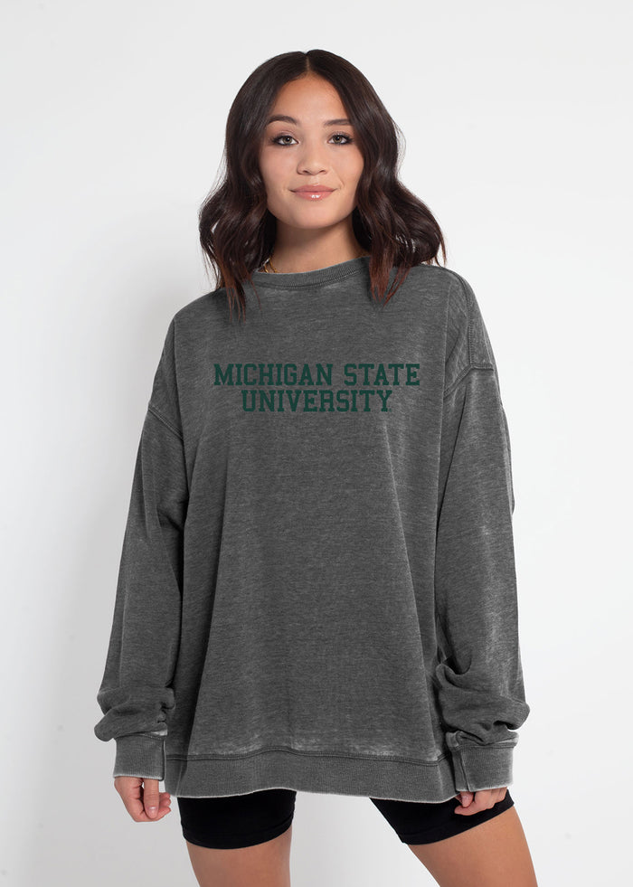 Michigan State Spartans Unisex Charcoal Oversized Burnout fleece Sweatshirt with Ribbed crew neckline, cuffs, hem, dropped shoulders and relaxed bottom hem