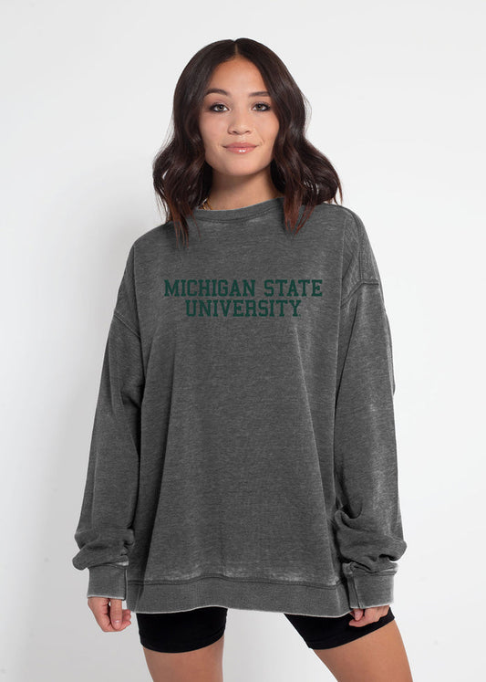 Michigan State Spartans Unisex Charcoal Oversized Burnout fleece Sweatshirt with Ribbed crew neckline, cuffs, hem, dropped shoulders and relaxed bottom hem