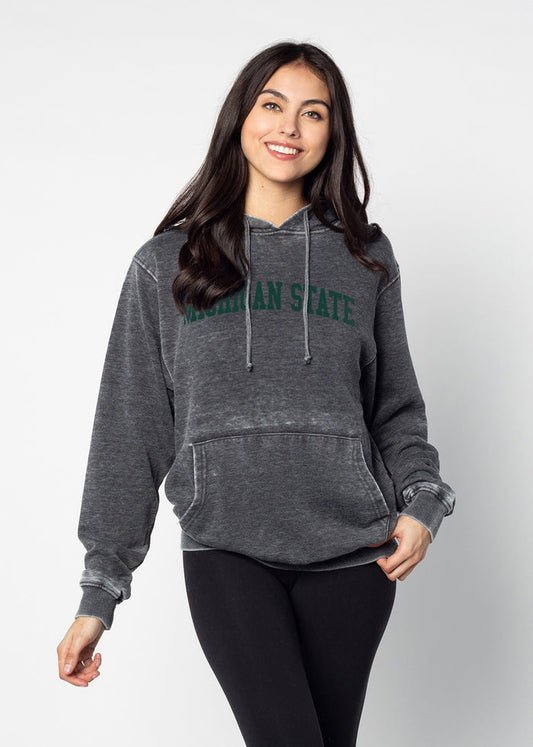 Michigan State Spartans Unisex Charcoal Relaxed Burnout fleece Hoodie with Kangaroo pocket, drop shoulders, lived-in look and feel
