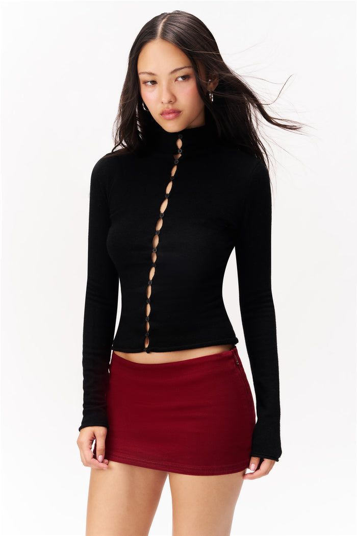 Micro Mini Denim Skirt in Bordeaux