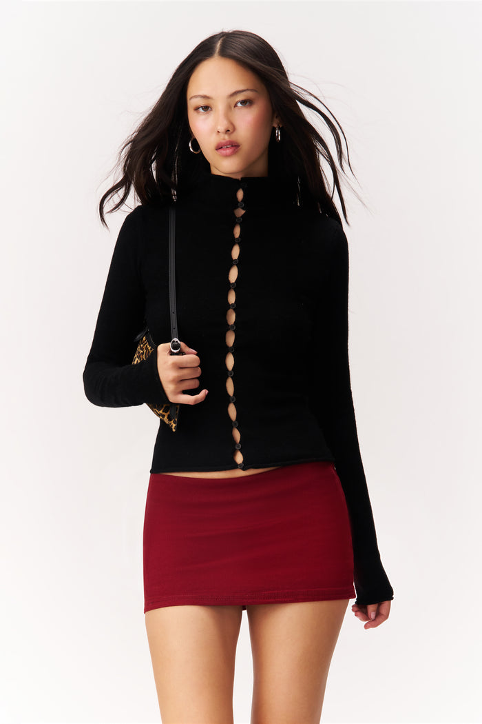 Micro Mini Denim Skirt in Bordeaux