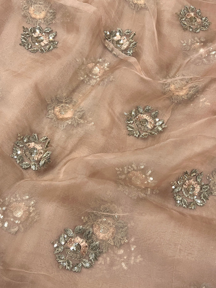 Mocha embroidered organza fabric