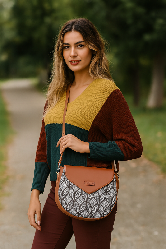 Monochrome printed canvas shoulder‑sling bag with tall soft silhouette for daily and travel use-model image