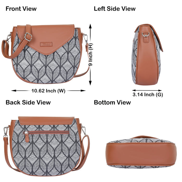 Monochrome printed canvas shoulder‑sling bag with tall soft silhouette for daily and travel use-infographic image