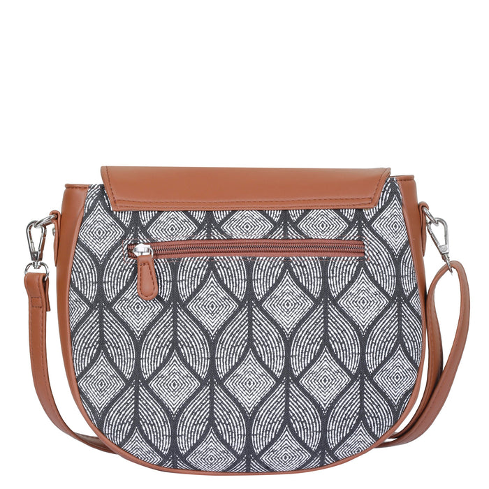 Monochrome printed canvas shoulder‑sling bag with tall soft silhouette for daily and travel use-back view