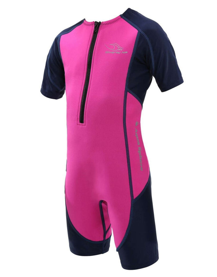 Pink MP Michael Phelps Stingray HP short sleeve kids wetsuit with navy zipper