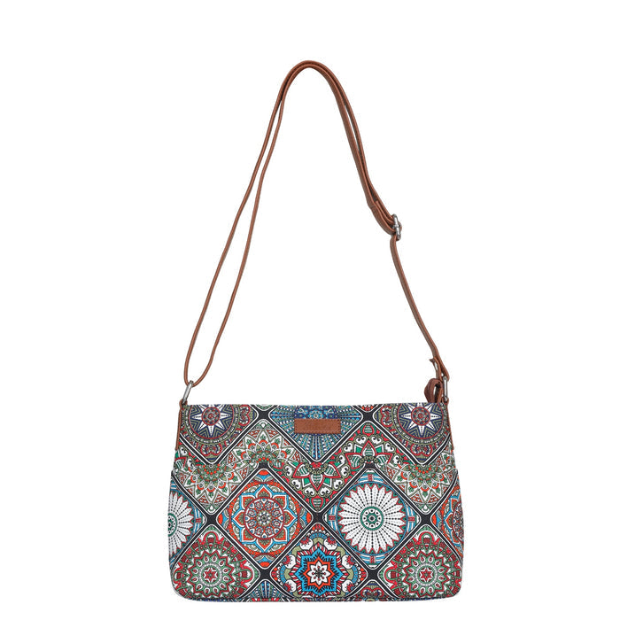 Boho multicolour printed canvas shoulder‑sling bag with soft relaxed silhouette for everyday and travel use