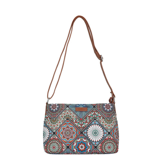 Boho multicolour printed canvas shoulder‑sling bag with soft relaxed silhouette for everyday and travel use