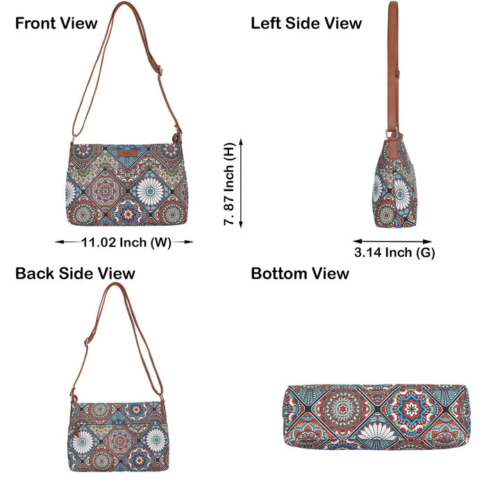 Boho multicolour printed canvas shoulder‑sling bag with soft relaxed silhouette for everyday and travel use-infographic image