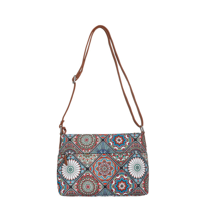 Boho multicolour printed canvas shoulder‑sling bag with soft relaxed silhouette for everyday and travel use-back view
