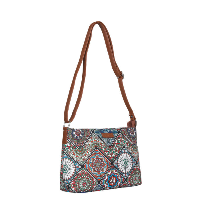 Boho multicolour printed canvas shoulder‑sling bag with soft relaxed silhouette for everyday and travel use-half side view
