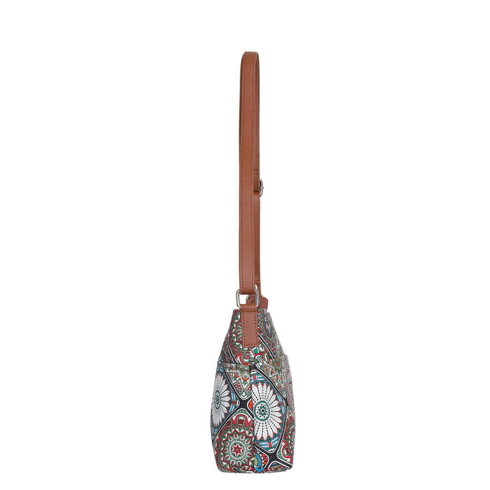 Boho multicolour printed canvas shoulder‑sling bag with soft relaxed silhouette for everyday and travel use-side view