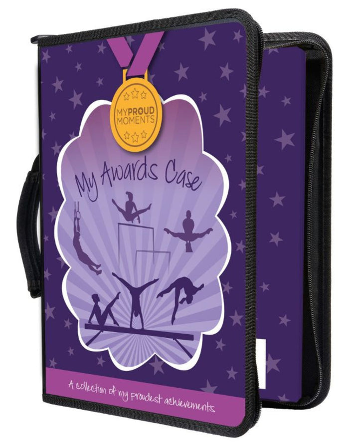 Purple gymnastics proud moments case with black trim and gold medal design