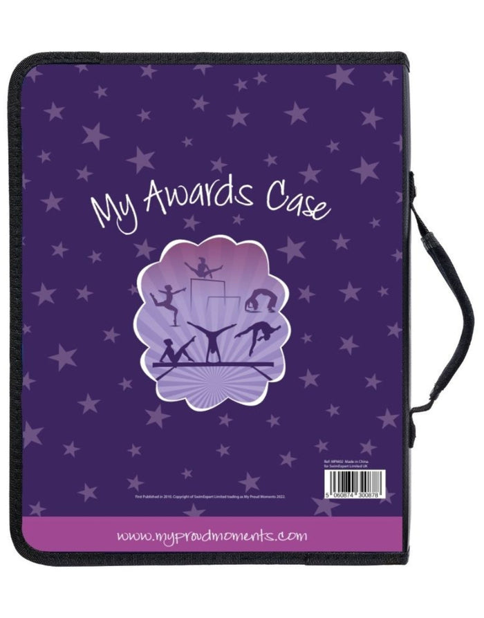 Purple gymnastics awards case with stars, athlete silhouettes, black trim, proud moments design