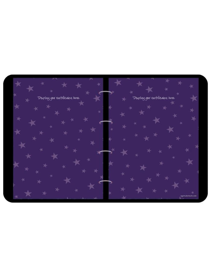 Purple star-patterned gymnastics proud moments binder with padded handle