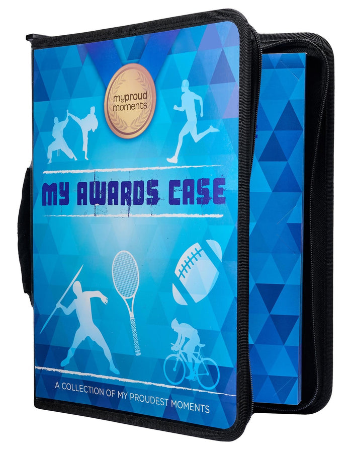 Blue multi sports proud moments case with black trim and geometric pattern
