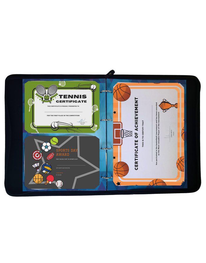 Black leather multi sports case with proud moments certificates
