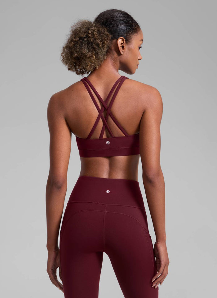 CRZ YOGA Women's Yoga Training Medium Support Nakedfeel Bra Cross Back Red Merlot